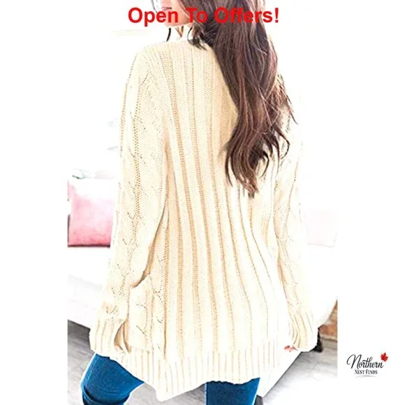 Chunky Cable Knit Cardigan Long Sleeve Button Front Pocket Casual Sweater - Picture 3 of 4